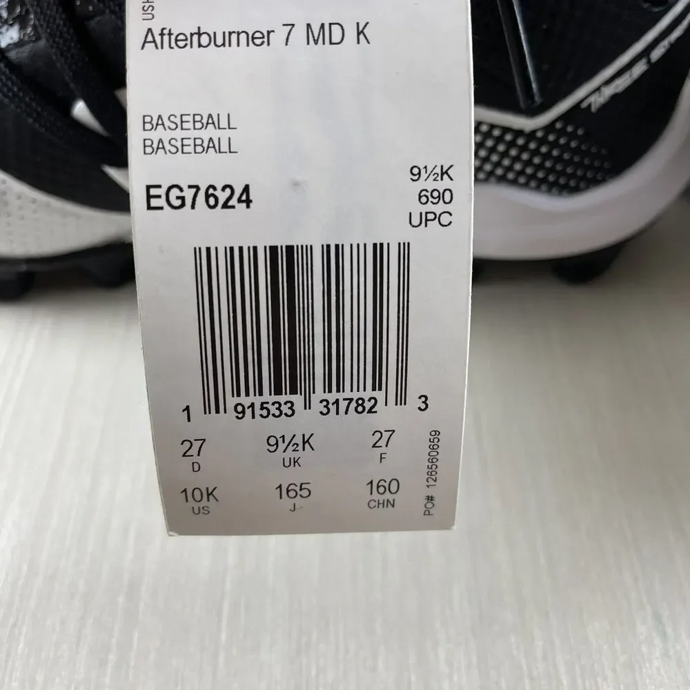 Adidas Afterburner 7 MD Kids Baseball Cleats (EG7624) Blk White Size 10K New